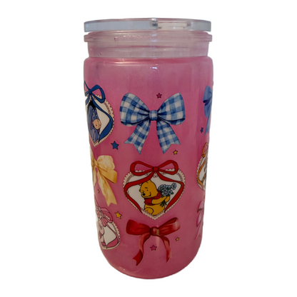 Pooh Inspired Heart & Bow Pink Mica 16oz Cup