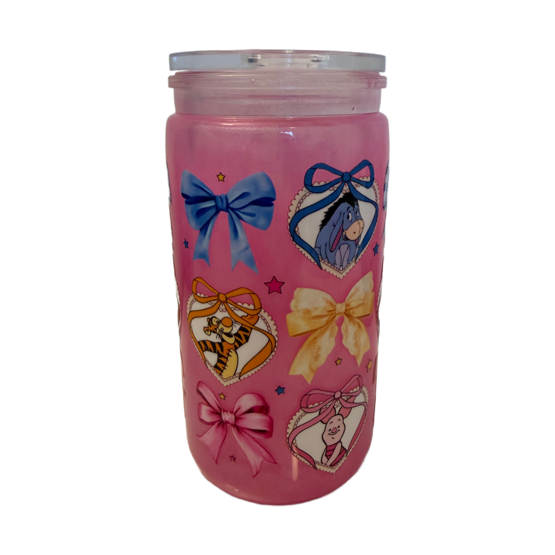 Pooh Inspired Heart & Bow Pink Mica 16oz Cup