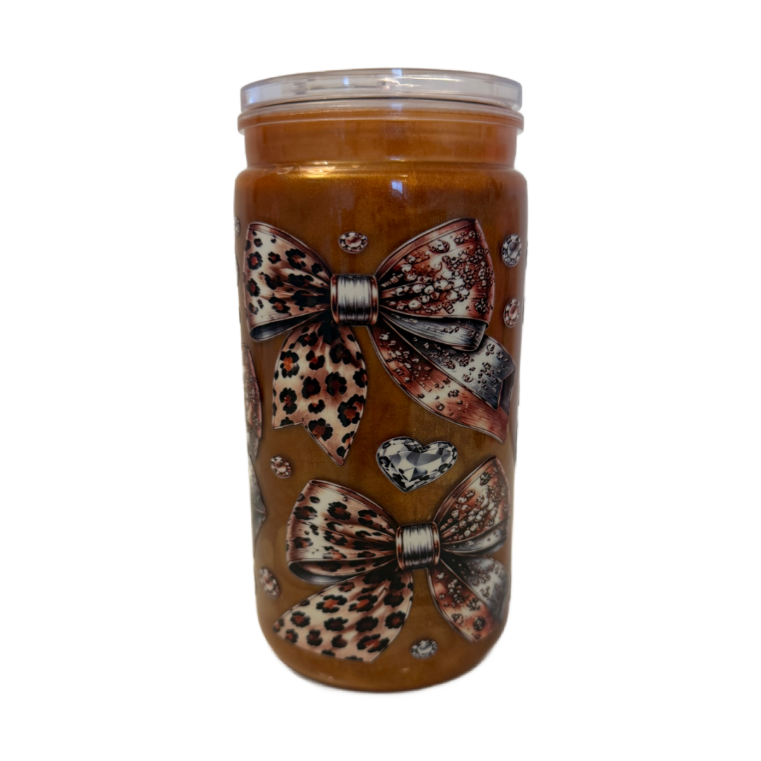 Leopard Print Bow & Gems Gold Mica 16oz Cup